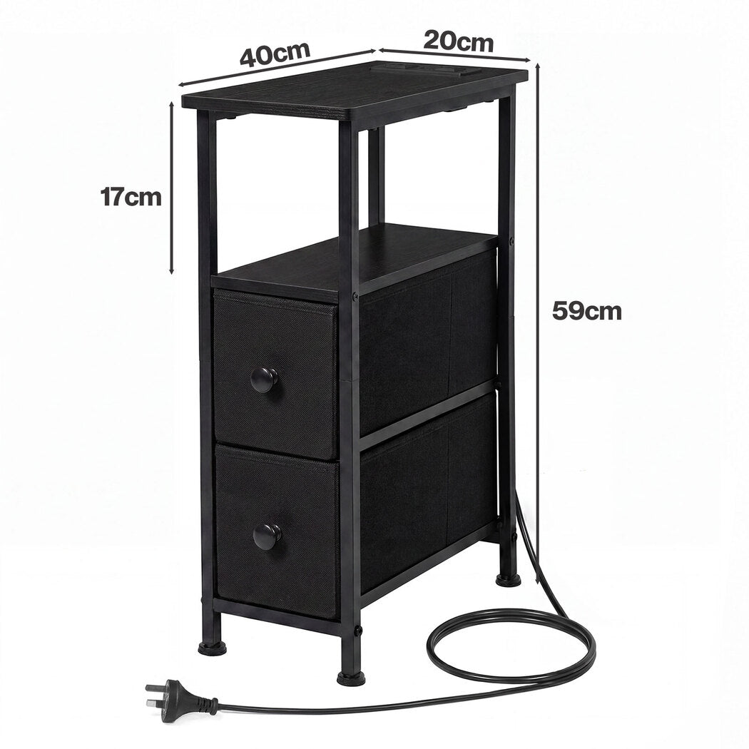 Levede Bedside Table Narrow Side Table with LED Charging Station Black-2100034980301377538