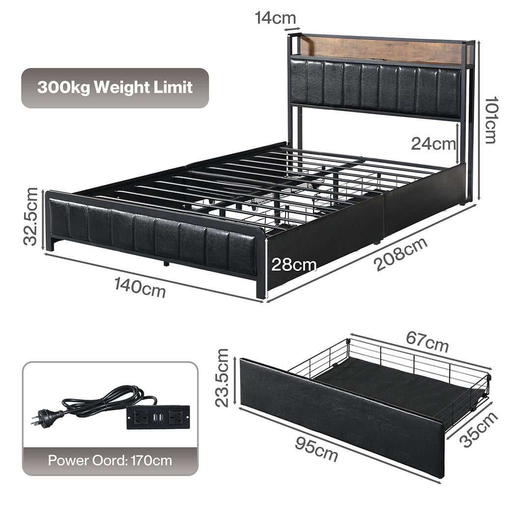 Levede Double Bed Frame PU Mattress Base Storage Drawer Headboard USB Charge-2100034935908864002