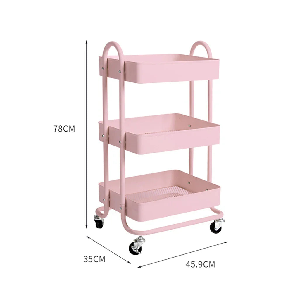 Levede 3 Tiers Kitchen Trolley Cart Pink-2018816727663644674