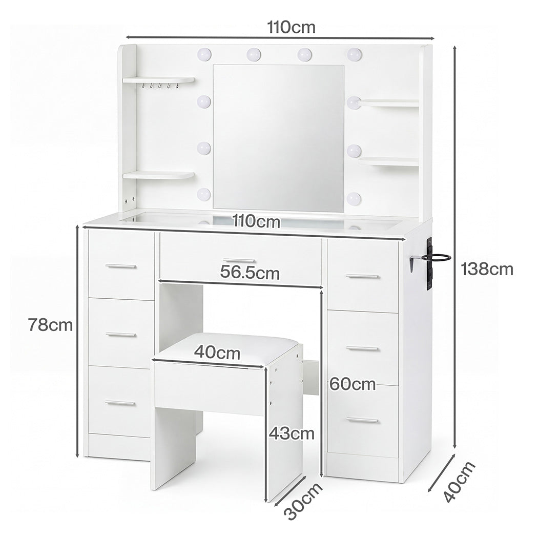 Levede Dressing Table Makeup Vanity with Lights Glass Desktop 7 Drawers White-2109799601329082371