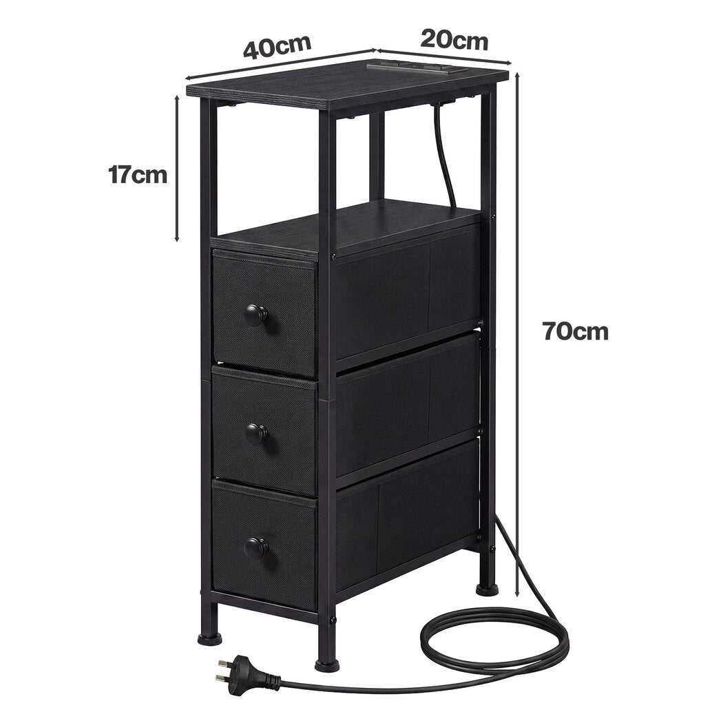Levede Bedside Table Slim Bedside Table with LED Charging Station Black-2100034980116828162