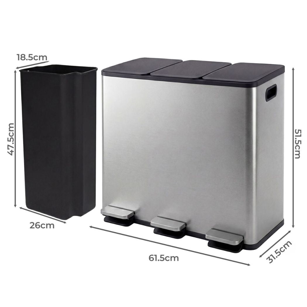 Toque Pedal Rubbish Bin Kitchen Trash Can Stainless Steel 3 x 18L Waterproof-2050056777290092546