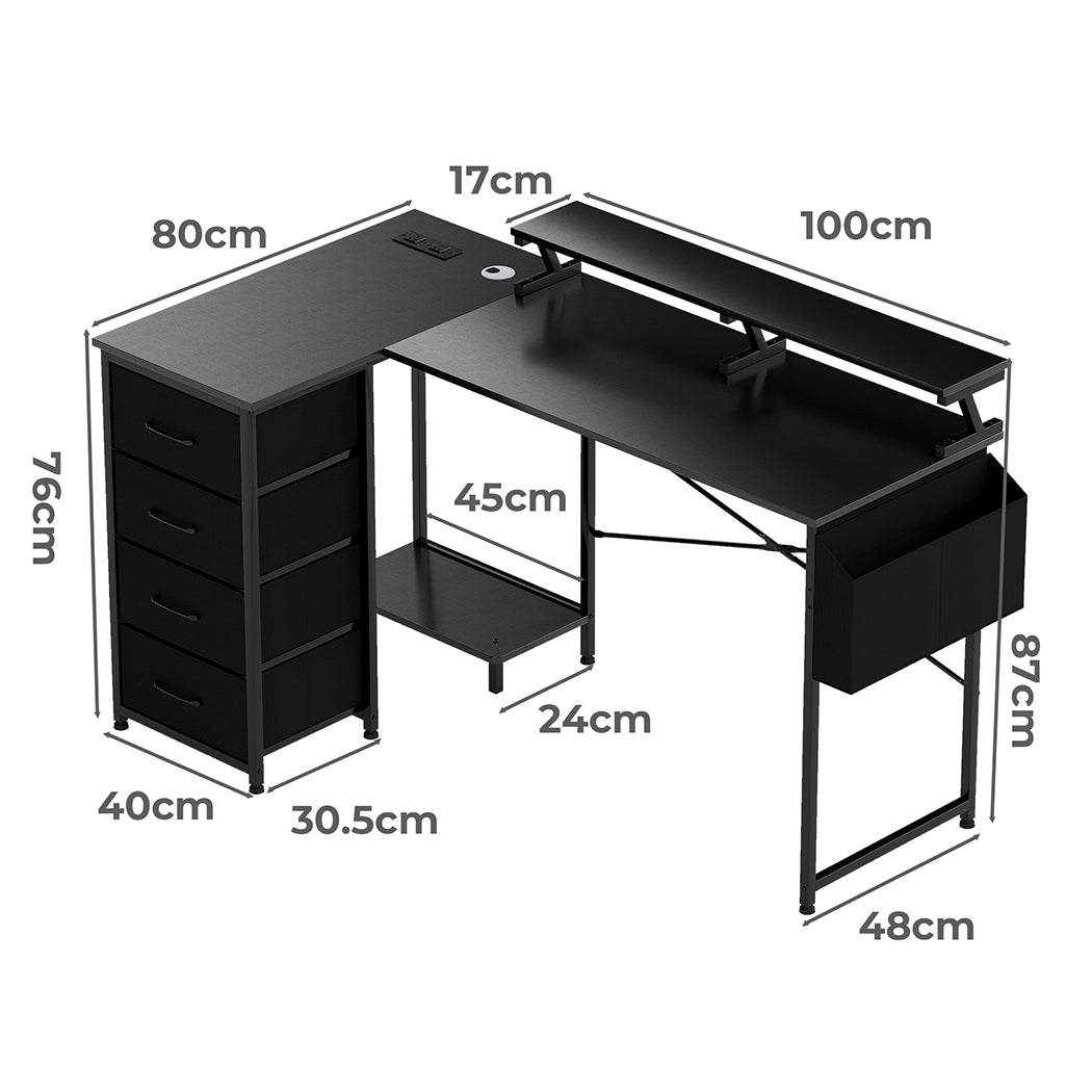 Levede L Shaped Gaming Desk with Storage Drawers Black-2006733412379004930