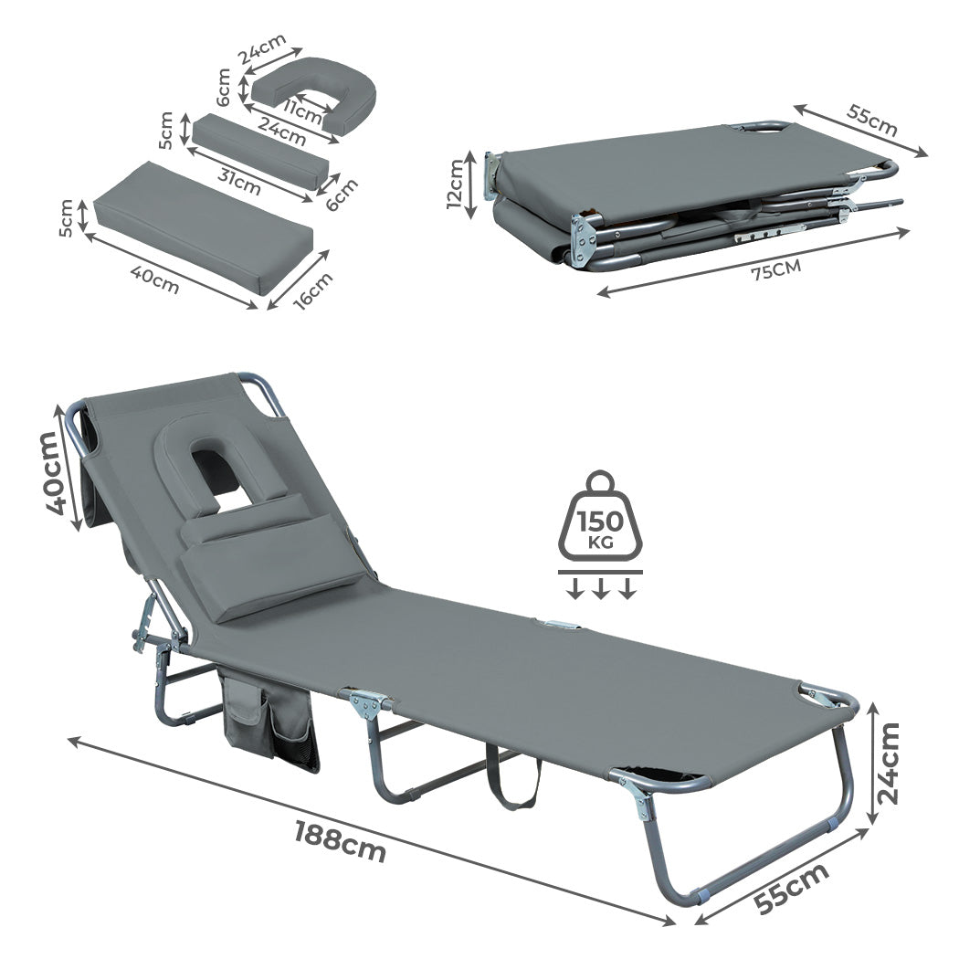 Levede Foldable Beach Lounge Chairs with Face Hole Grey-1910112248827875330