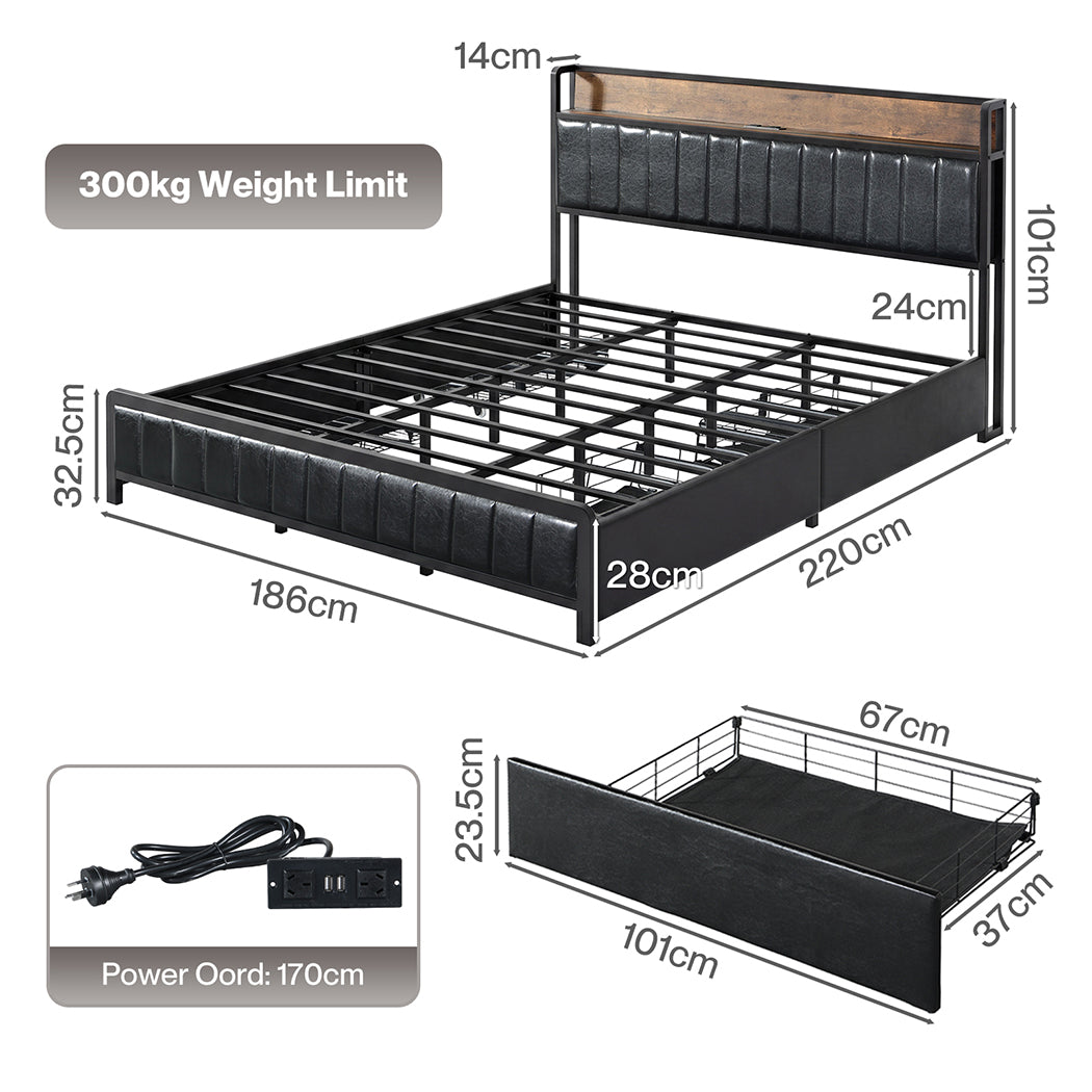 Levede King Bed Frame PU Mattress Base Storage Drawer Headboard USB Charge-2100034936097607682