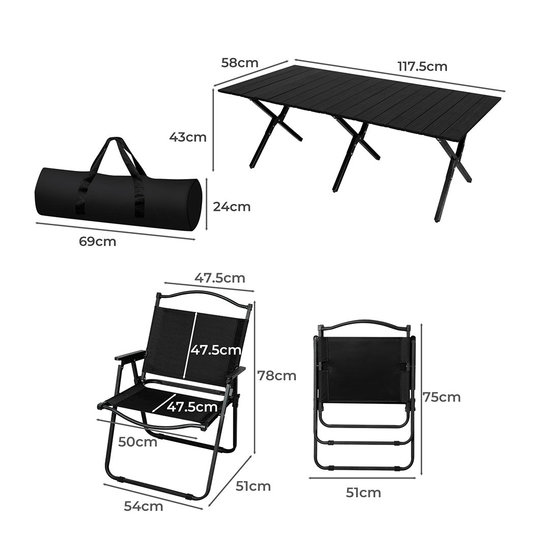 Levede Folding Camping Table Chair Set Black-1973194001569943554