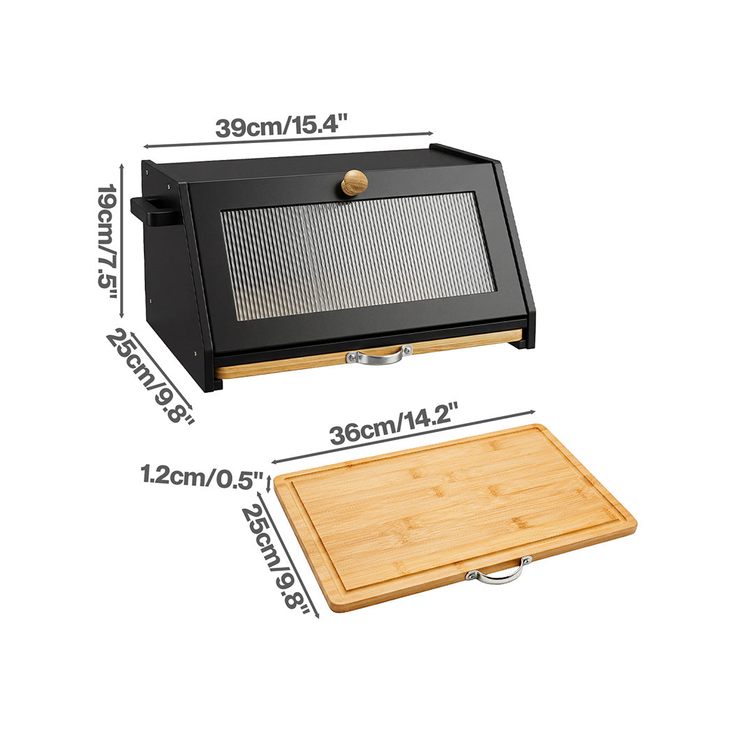 Toque Bread Box Bamboo Bread Storage Container with Cutting Board Black-2072893581194039298