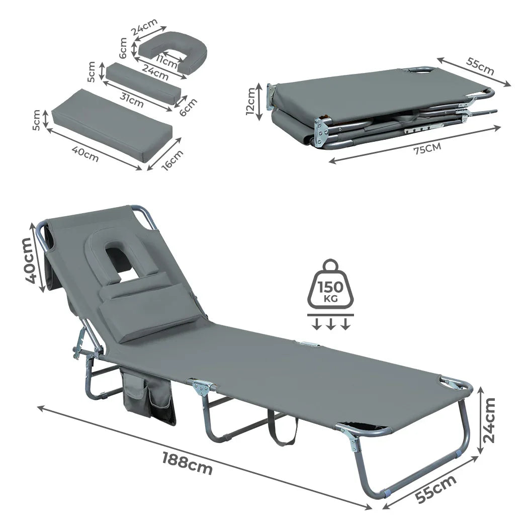 Levede Foldable Beach Lounge Chairs with Face Hole Grey-2018816828482129922