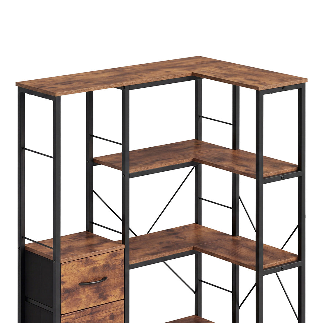 Levede Corner Bookshelf with 4 Fabric Drawers & LED Light 5 Tier Bedroom Rustic-2109799588741976068