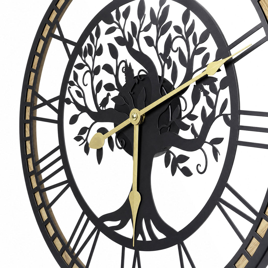 Yezi Wall Clock 40cm Vintage Tree Design Silent Quartz Iron Wood Black-2100034941327904771