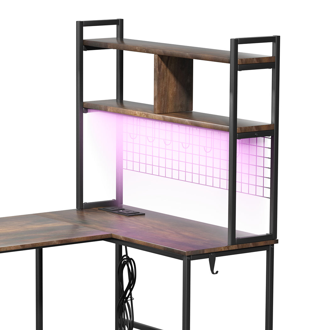 Levede L Shaped Gaming Desk with LED Lights Brown