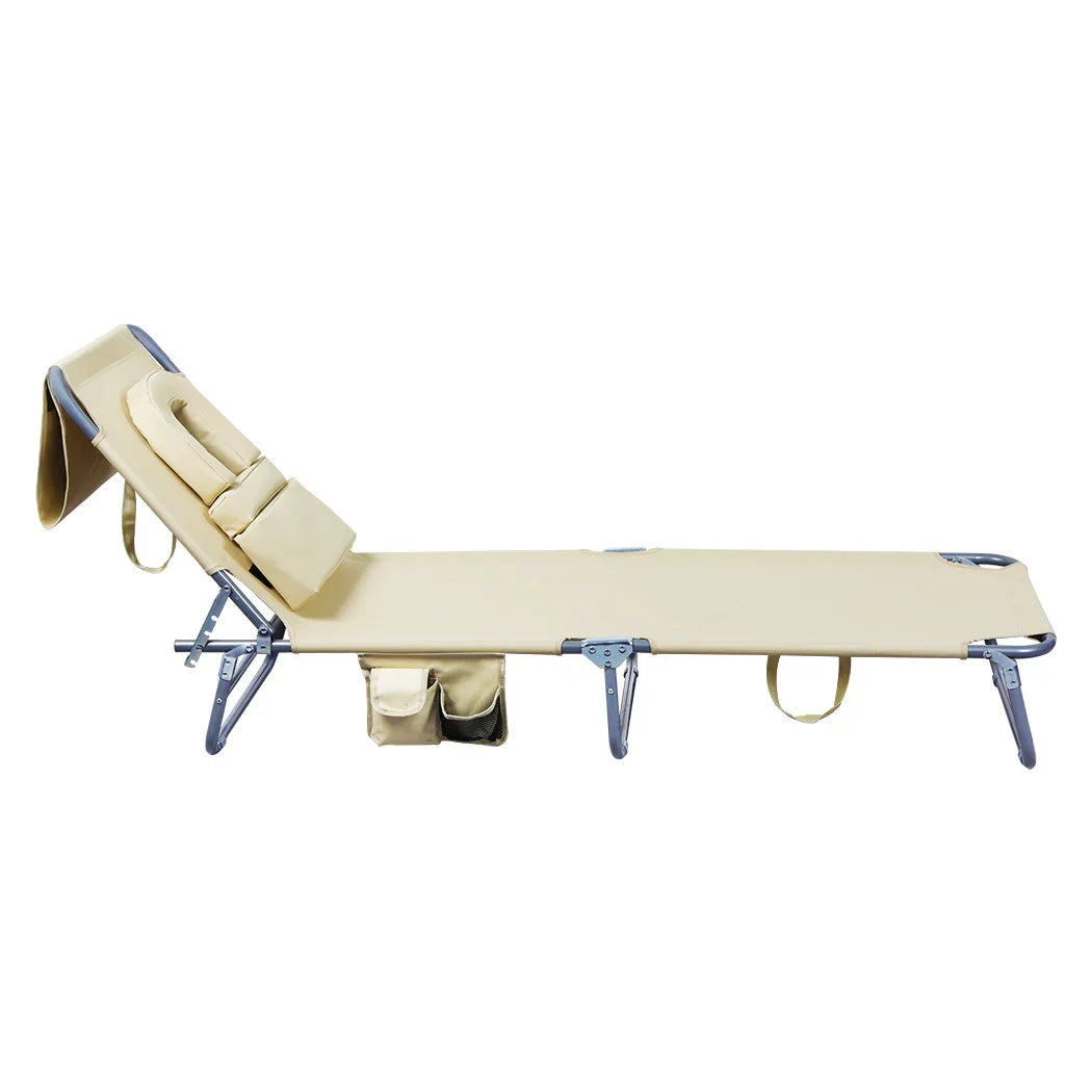 Levede Foldable Beach Lounge Chairs with Face Hole Khaki-2018816828662484995