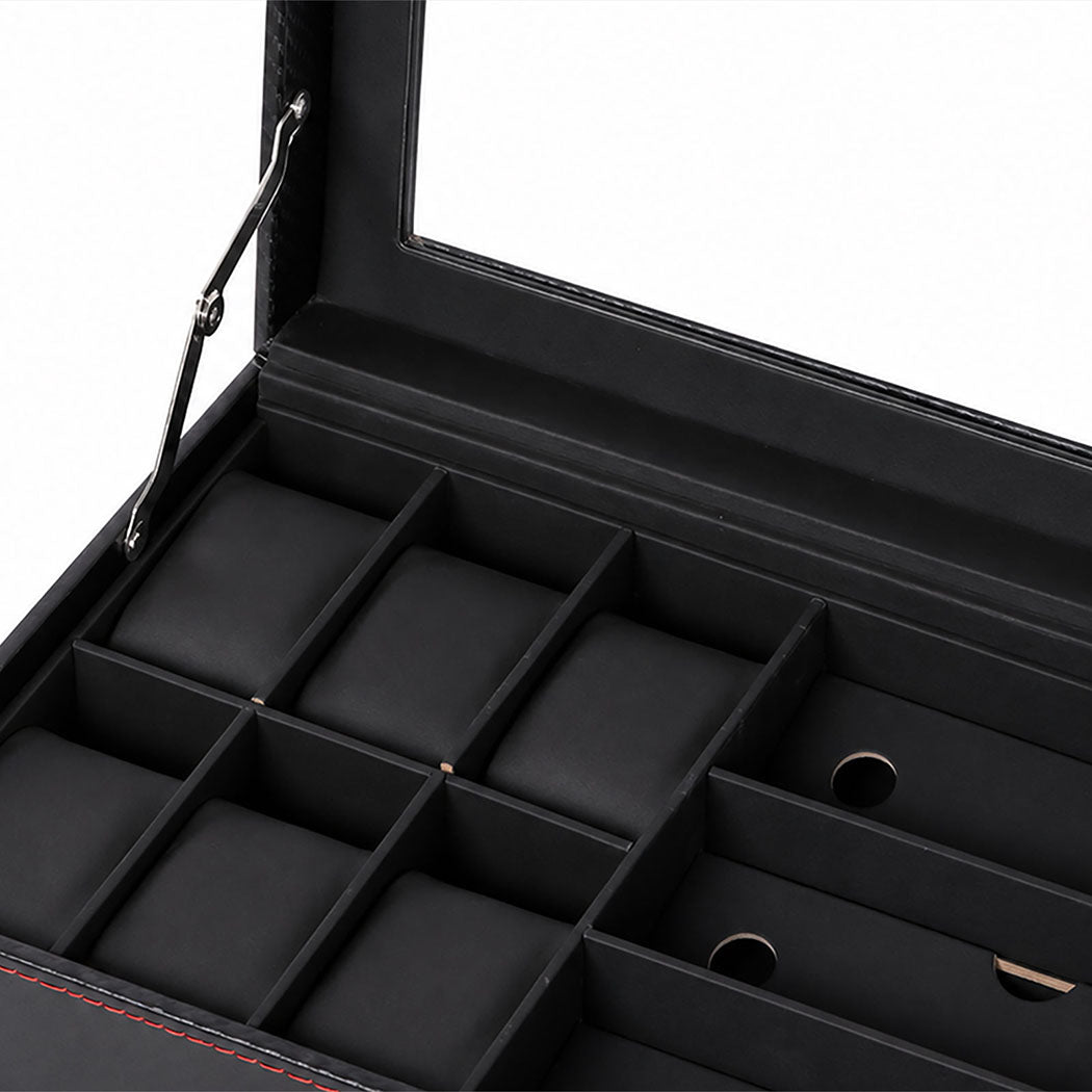 Watch Box 6 Slot Watch Case Jewellry Box PU Leather with Drawer Black-2100034976140627972