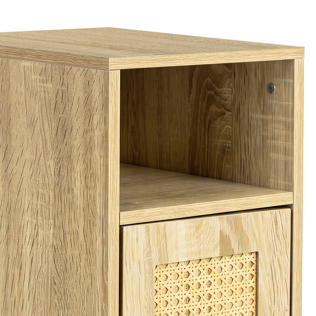Levede Narrow Bedside Table 2 Pcs with Storage Boho Rattan Wood-2100034981215735812