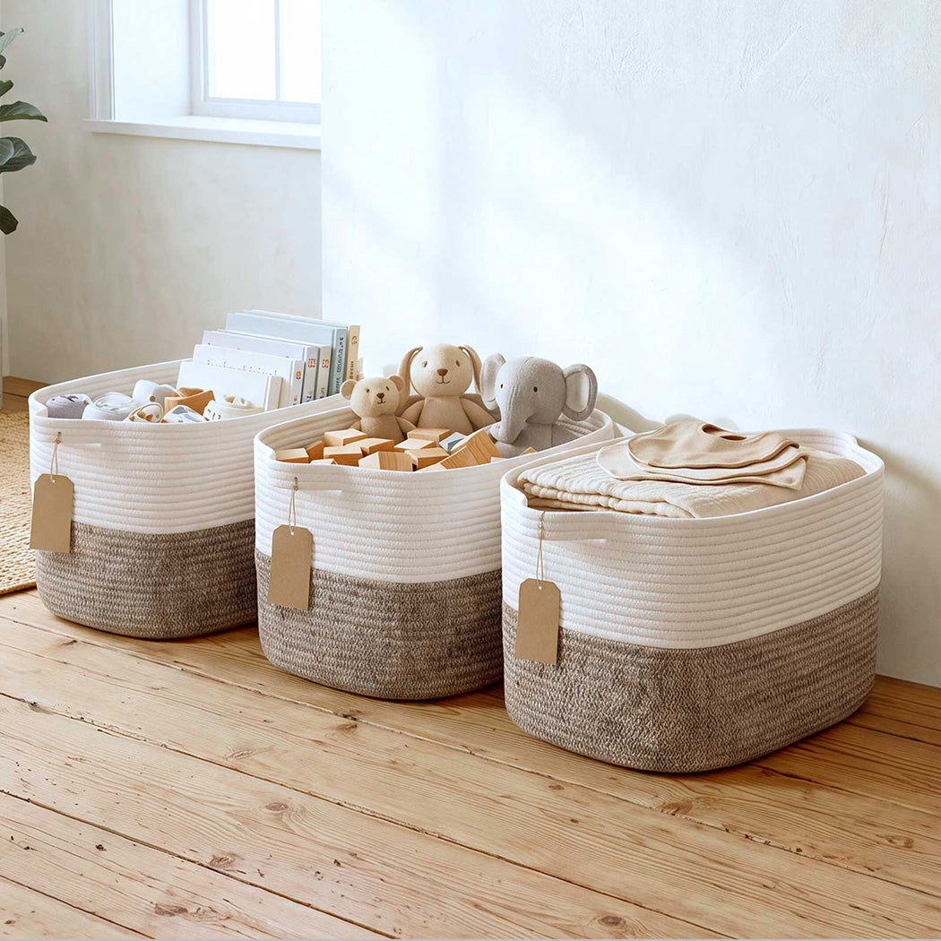 Levede Storage Baskets Laundry Bins 3Pcs Foldable with Handles Cotton Rope Brown-2100035024383512582
