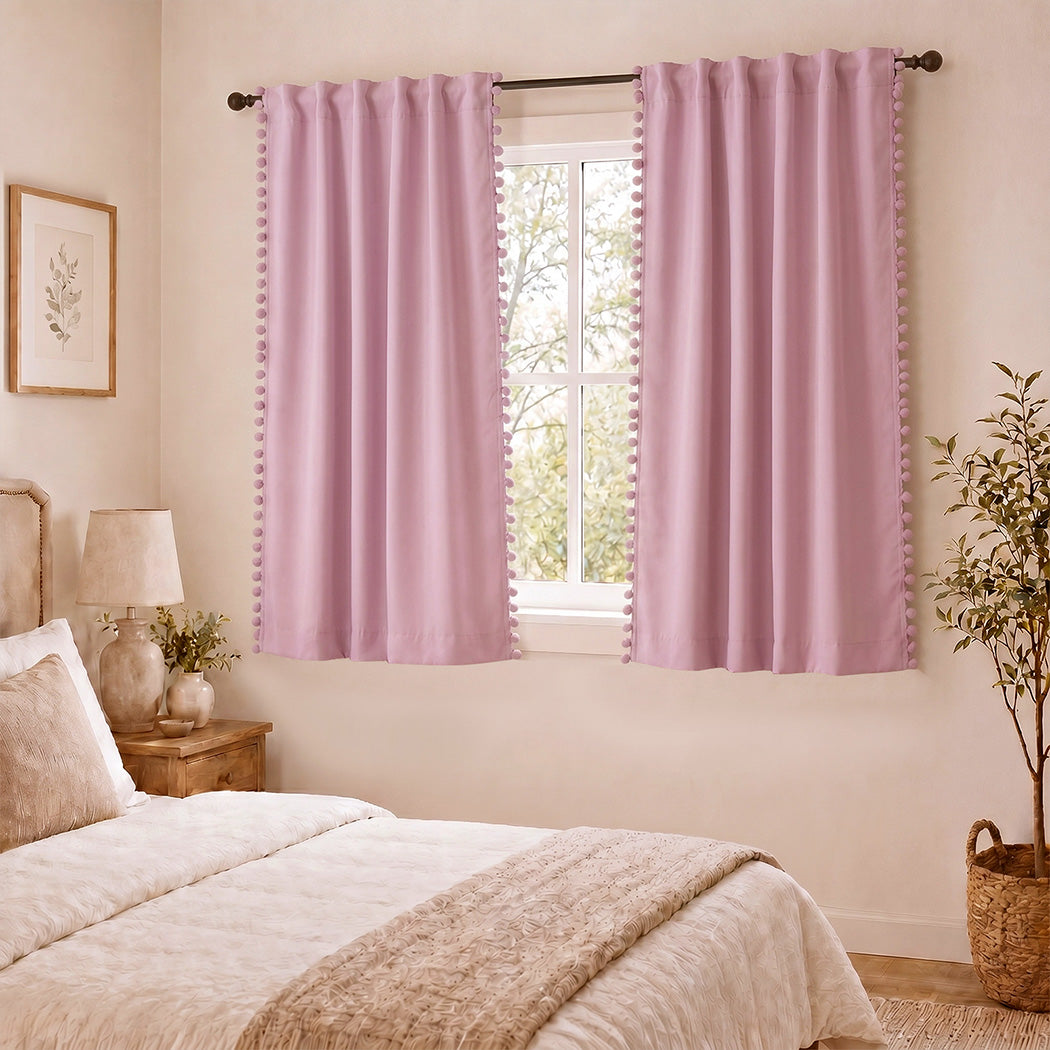 Marlow Blackout Curtains Pink 2 Panels Thermal Insulated Pom Pom 132cm x 160cm-2072893563976421383