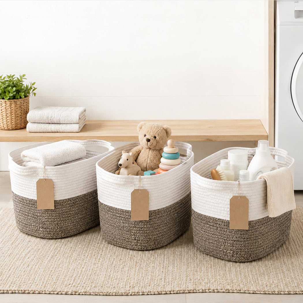 Levede Storage Baskets Laundry Bins 3Pcs Foldable with Handles Cotton Rope Brown-2100035024383512583