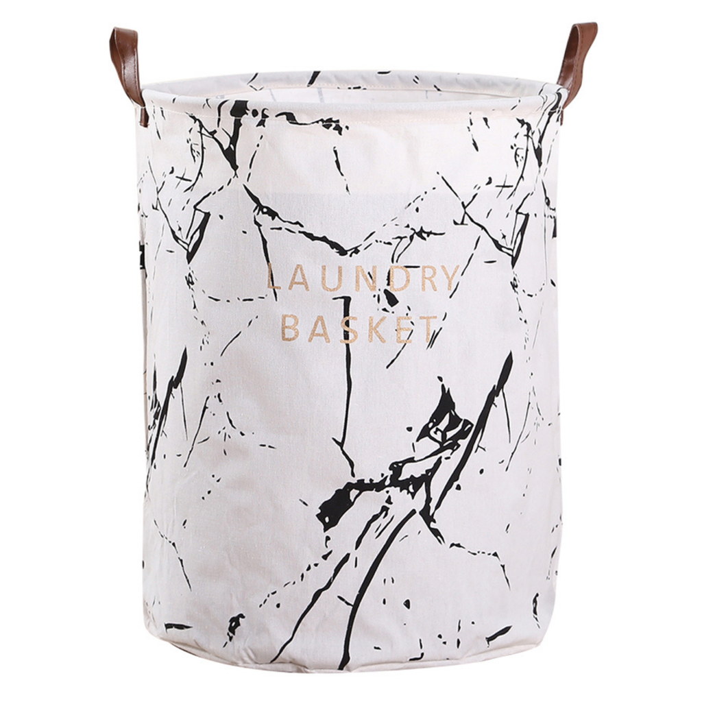 Laundry Basket Round Foldable White Black Marble Design