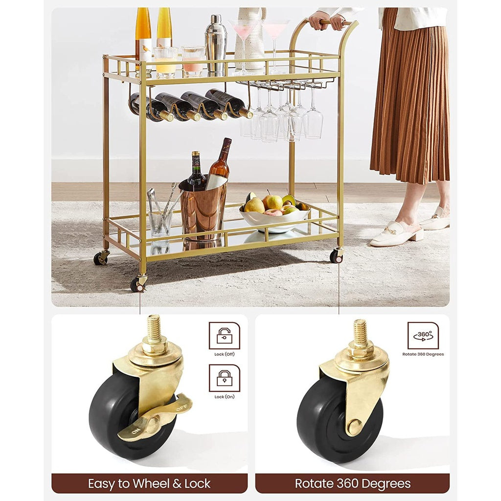 Gold Bar Serving Wine Cart With Wheels And Wine Bottle Holders