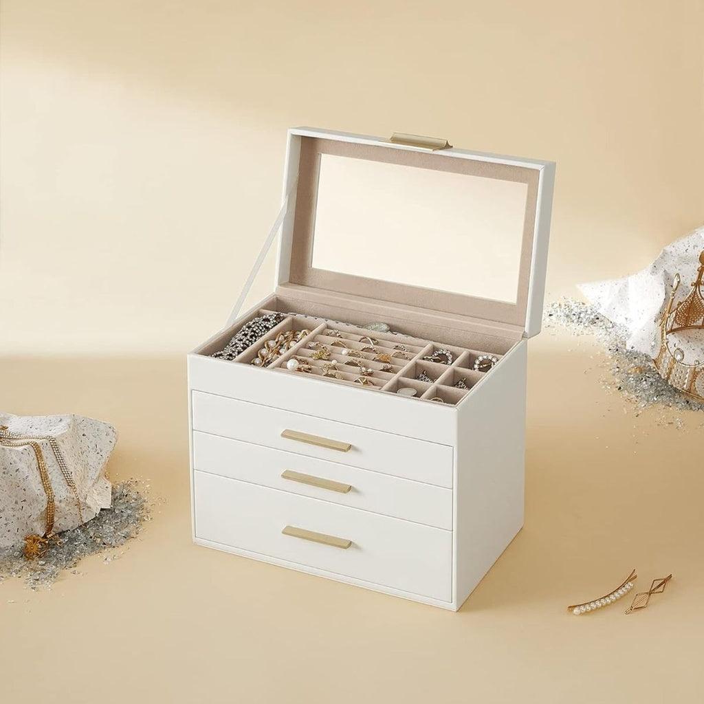 4-Layer Jewelry Box with 3 Drawers and Glass Lid Cloud White and Gold Color