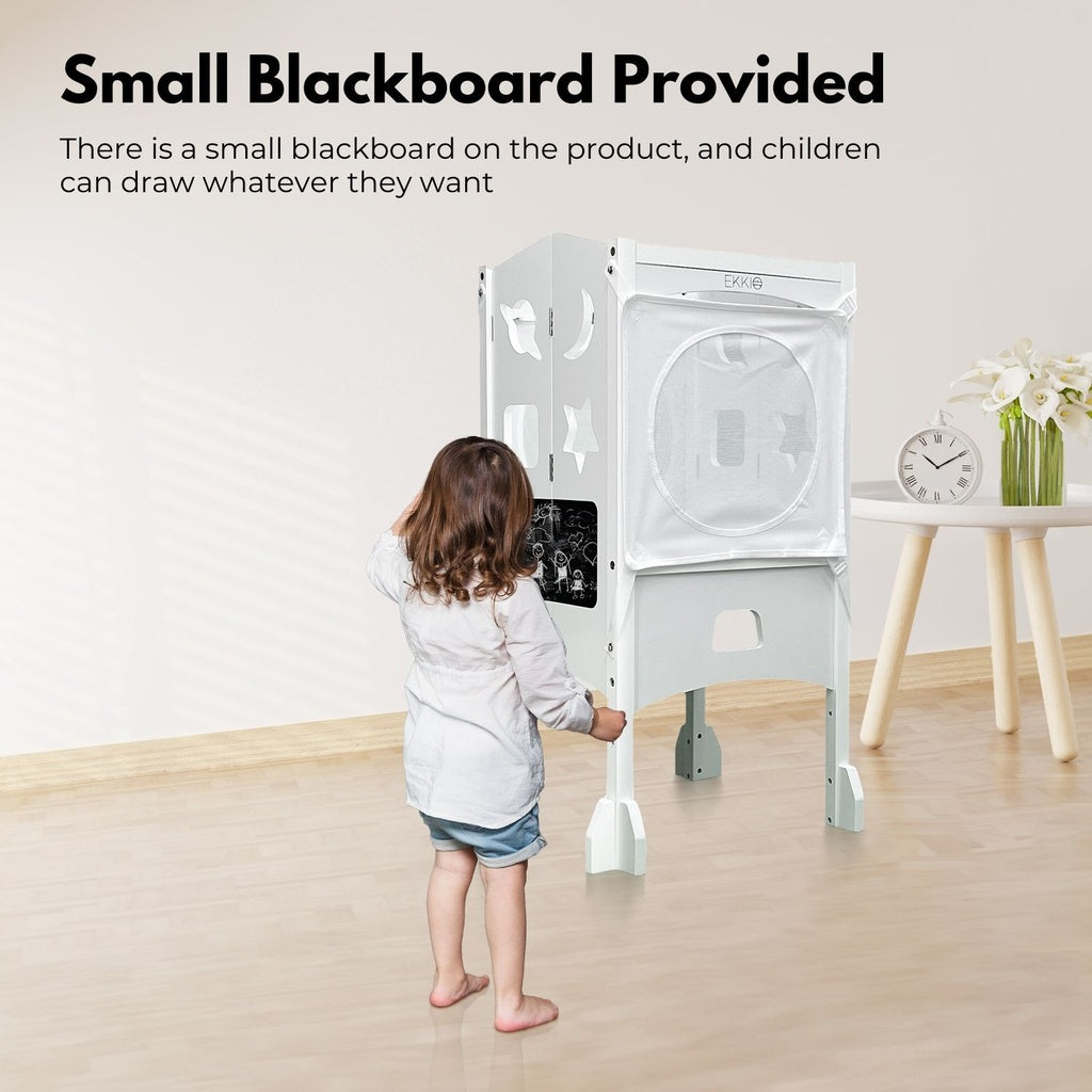 Folding Kitchen Kids Step Stool with Chalkboard- Saturn, Moon, Square and Star Shape Design White (Without Toy)