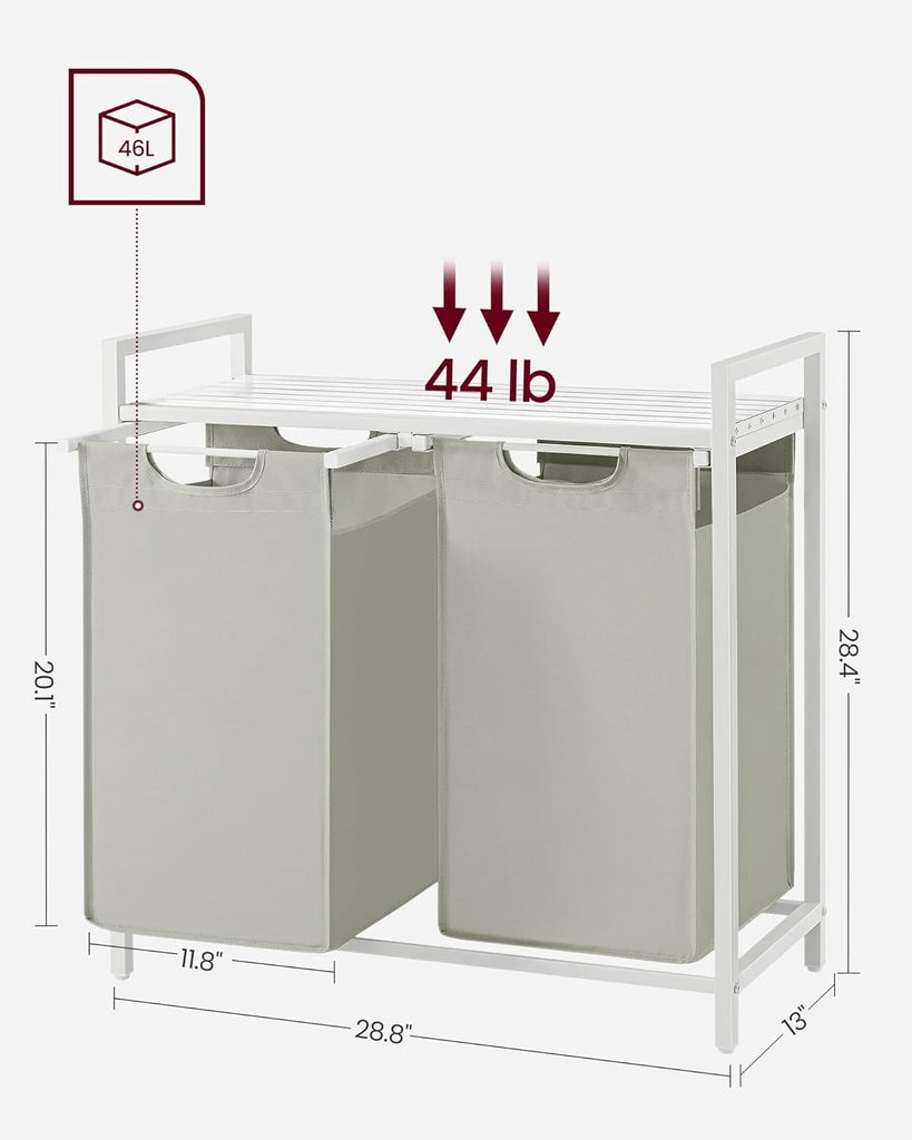 Laundry Hamper with Shelf and Pull-Out Bags 2 x 46L White