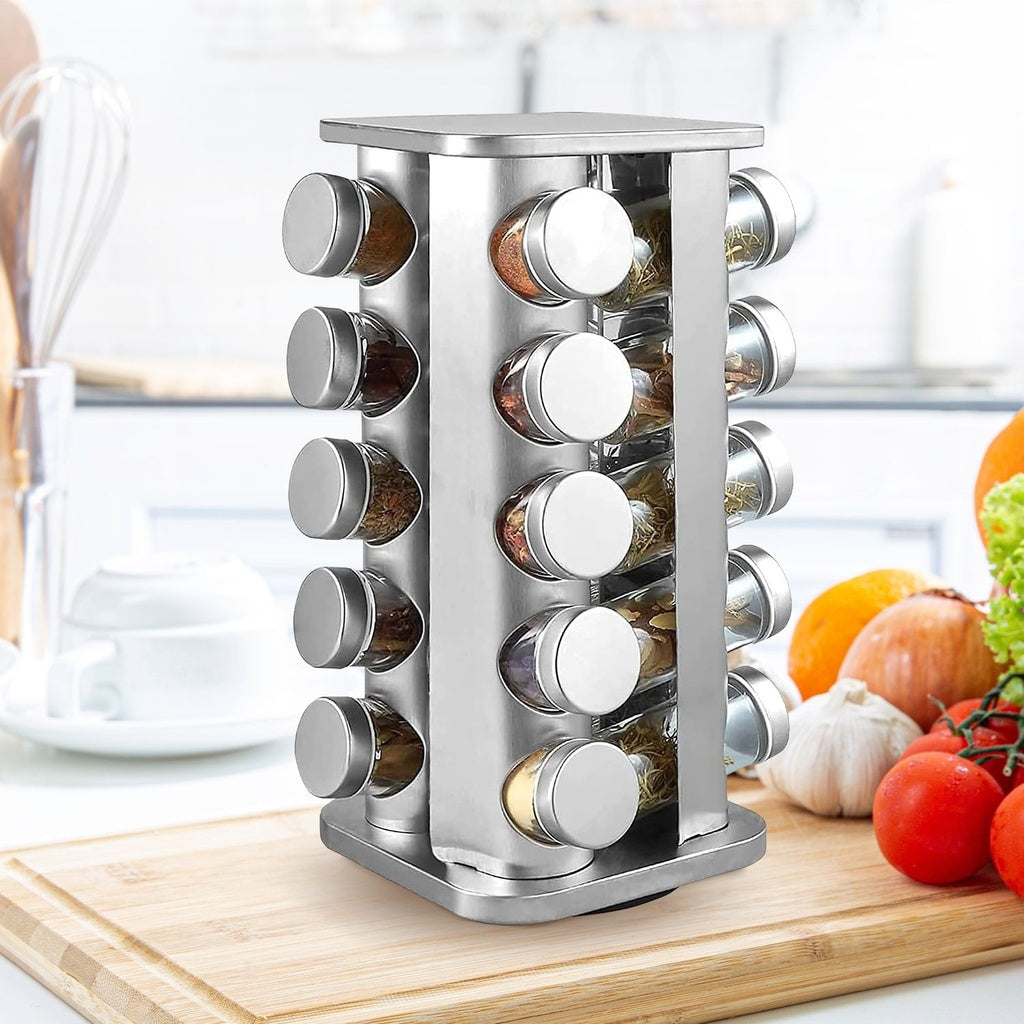 Quadrate Rotating Spice Rack Organizer (20 Jars) with Label Sticker and Silicone Funnel