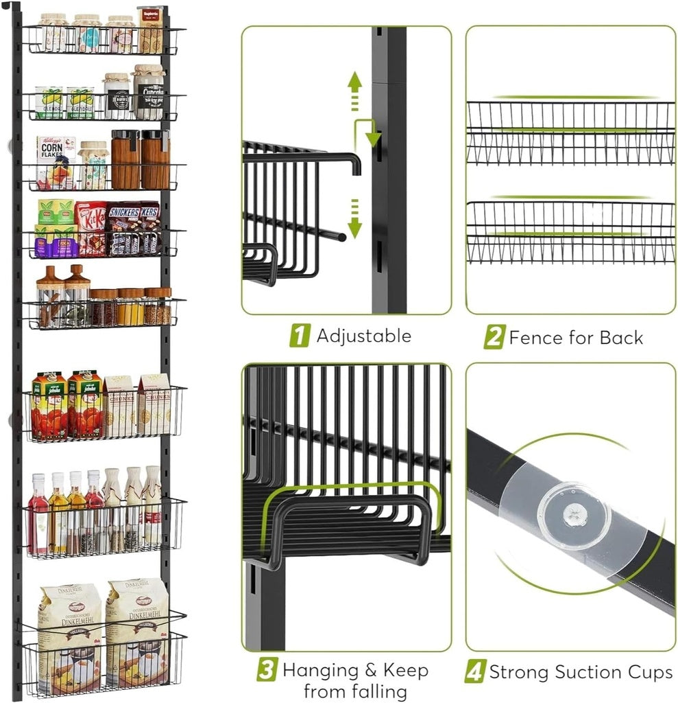 8 Tier Adjustable Baskets Over the Door Pantry Organizer (Black)