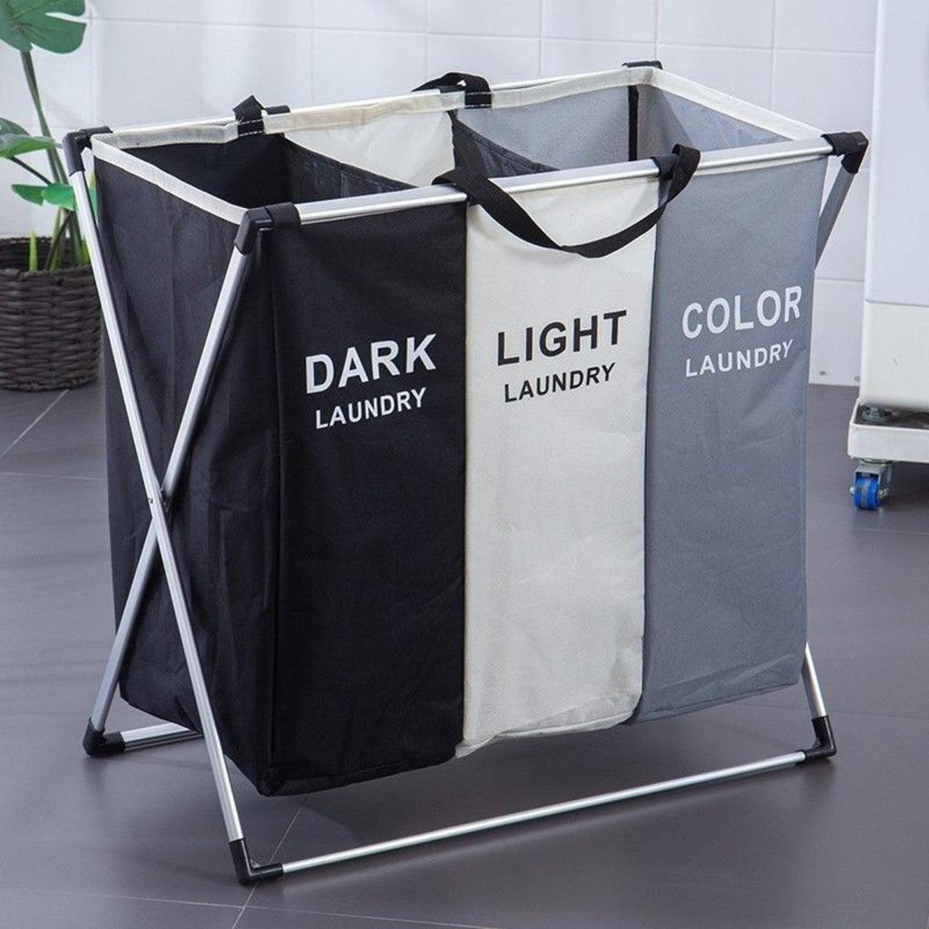 135L Foldable Laundry Cloth Hamper with 3 Sections White + Grey + Black