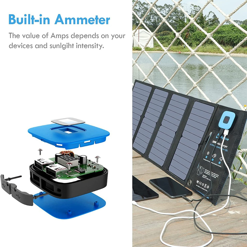 Portable 28W SunPower Solar Panel 2 USB Ports with Digital Ammeter