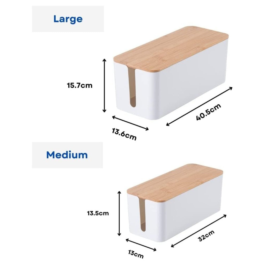 Set of Two Cable Management Box with Wood Pattern Lid, White