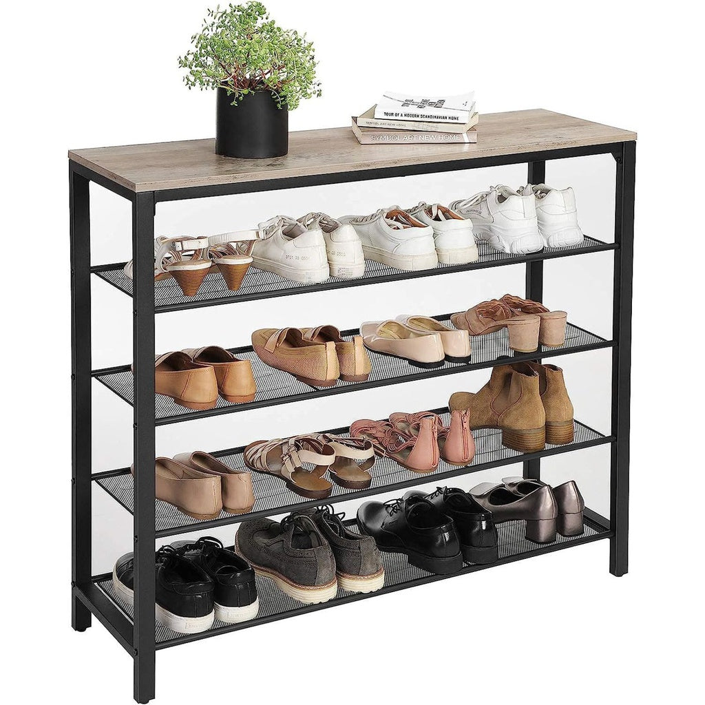 INDESTIC Shoe Rack Organizer with 4 Mesh Shelves Industrial Greige and Black LBS015B02