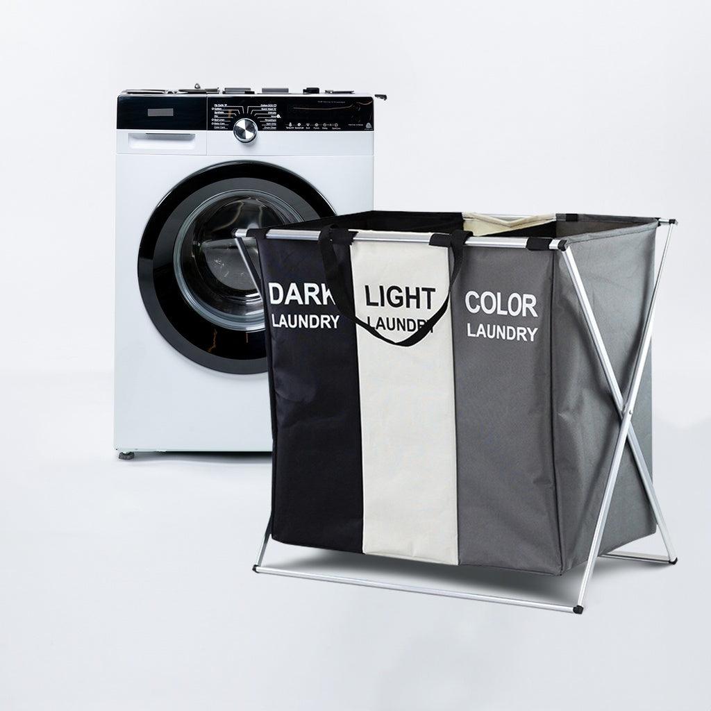 135L Foldable Laundry Cloth Hamper with 3 Sections White + Grey + Black