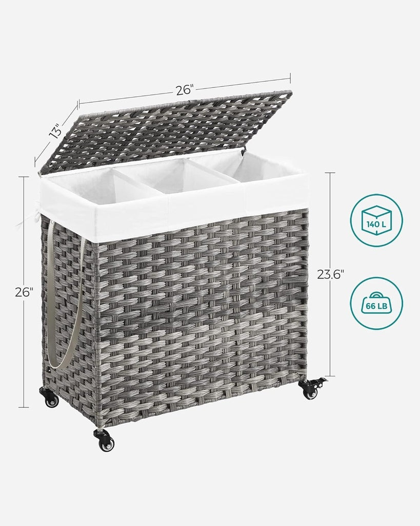 Laundry Hamper with Lid and Wheels 140L Grey