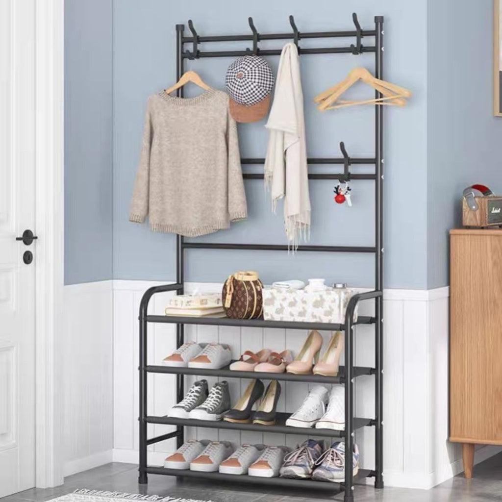 Clothes Rack with Shoe Rack Shelves (Black)