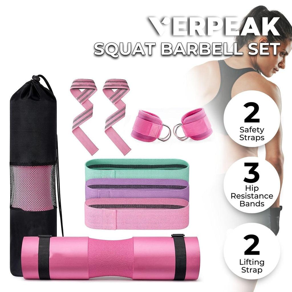 Barbell Squat Pad set,2 Safety Straps, 3 Hip Resistance Bands, 2 Lifting Strap, Barbell Pad and Bag (Pink)