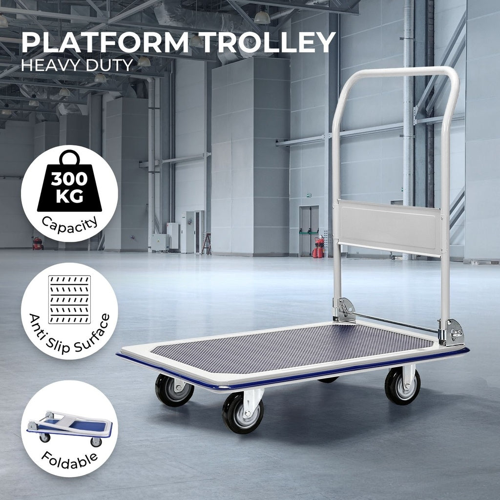 Foldable Platform Trolley with 4 Wheels (Blue and White)