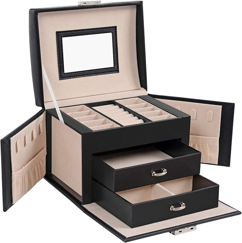 Lockable Jewellery Box Case with 2 Drawers and Mirror Black