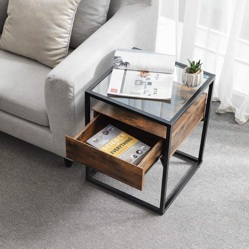 Side Table Tempered Glass End Table with Drawer and Shelf Rustic Brown and Black