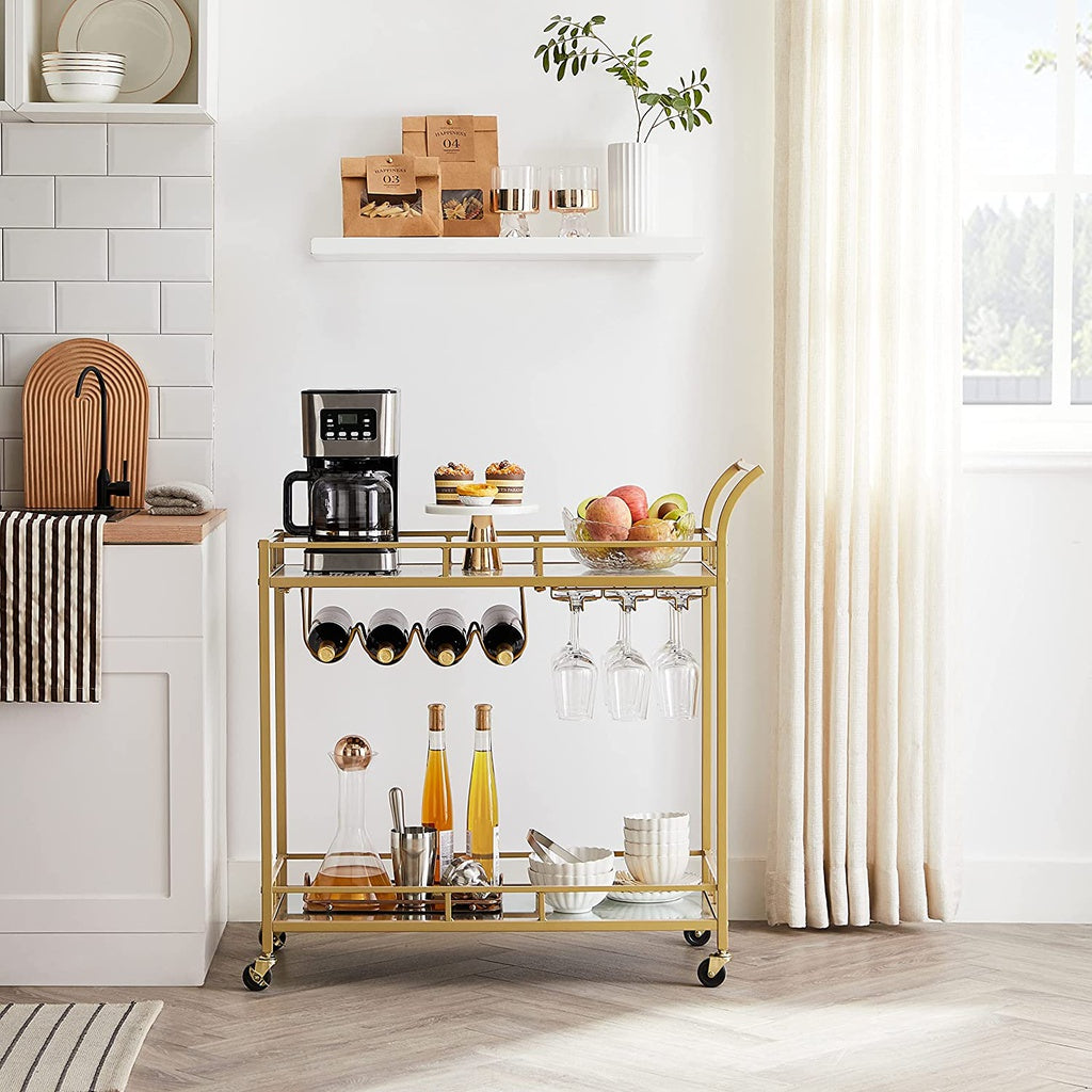 Gold Bar Serving Wine Cart With Wheels And Wine Bottle Holders