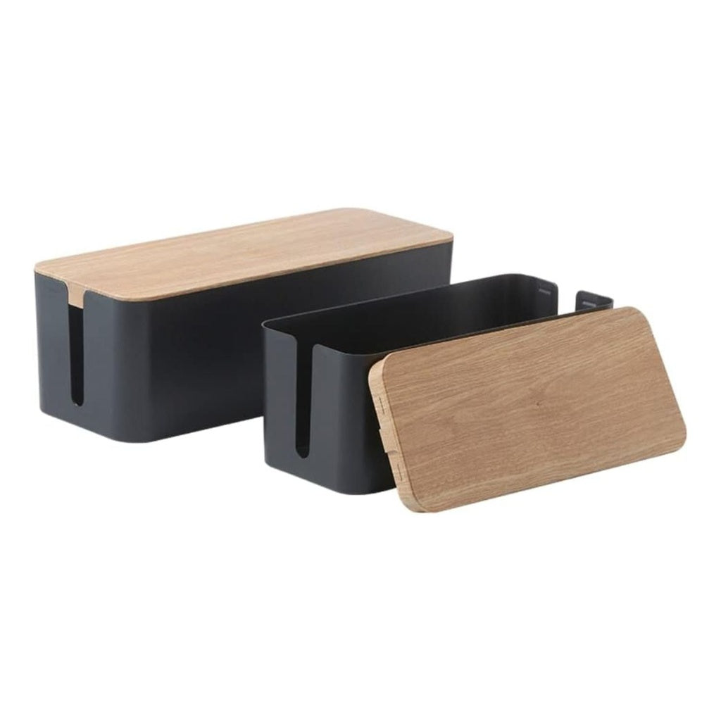 Set of Two Cable Management Box with Wood Pattern Lid, Black