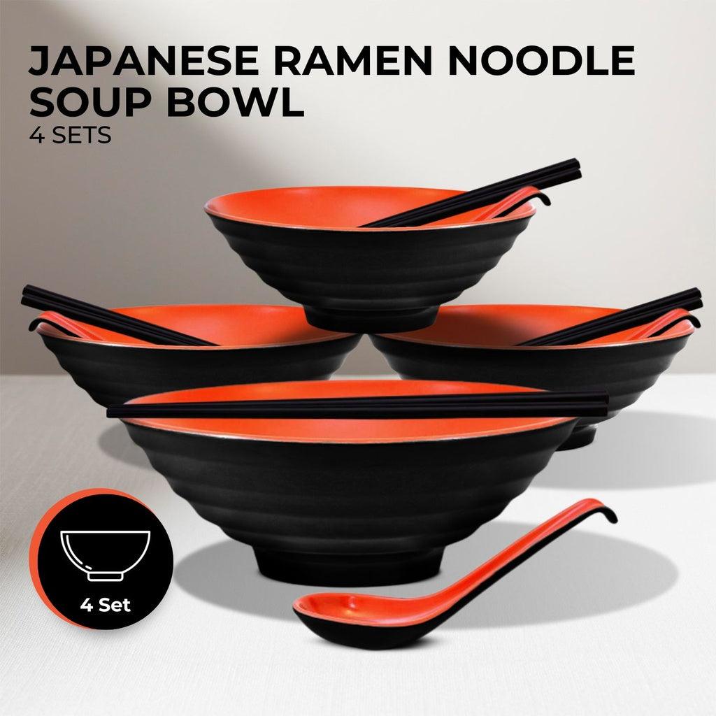 4 Sets (12 Piece) Noodle Soup Bowl Dishware with Matching Spoon and Chopsticks (Red and Black)