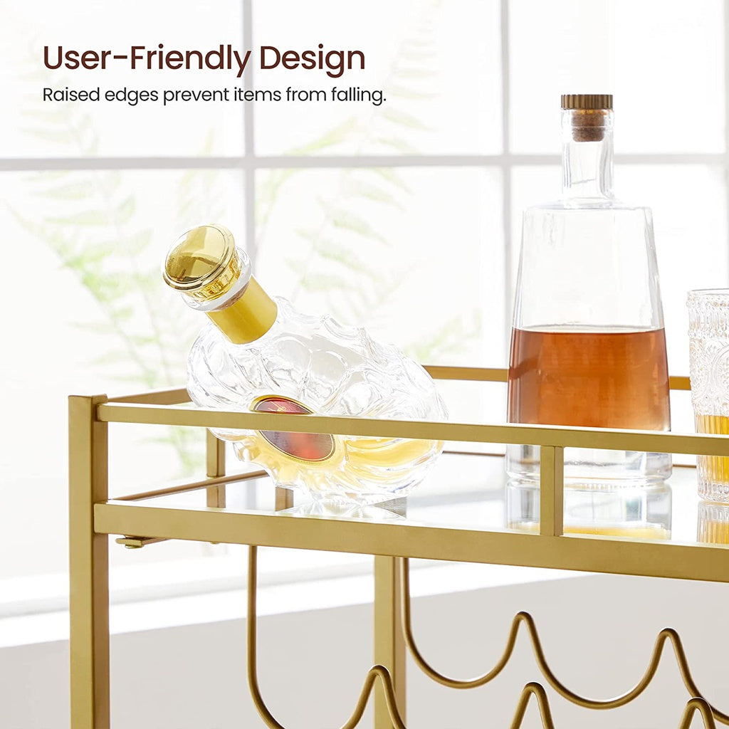 Gold Bar Serving Wine Cart With Wheels And Wine Bottle Holders