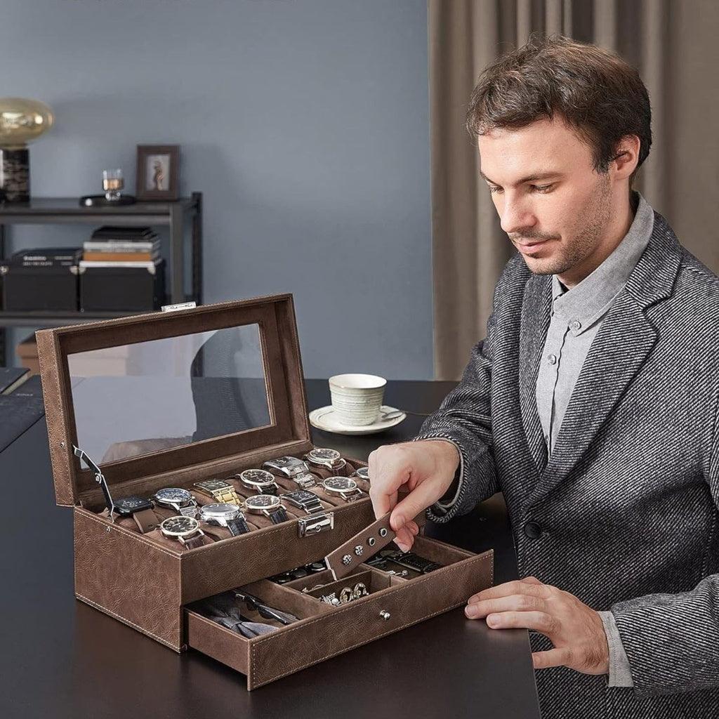 2-Tier Watch Box for 12 Watches with Glass Lid and 1 Drawer Brown Lining