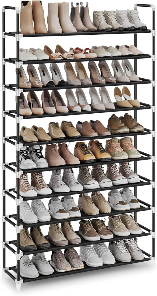 10 Tier Metal Shoe Rack Non-Woven Fabric Shelves Holds up to 50 Pairs Black