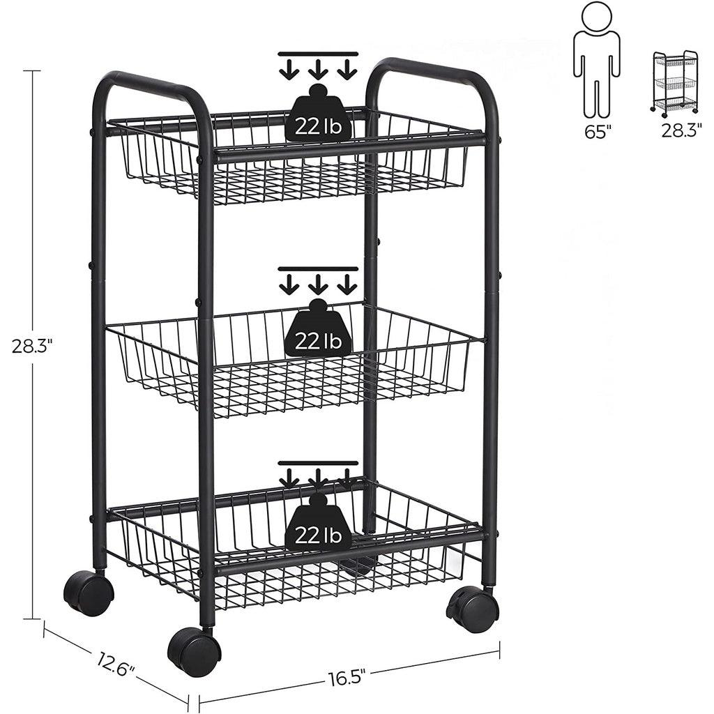 3-Tier Metal Rolling Cart on Wheels with Removable Shelves Black