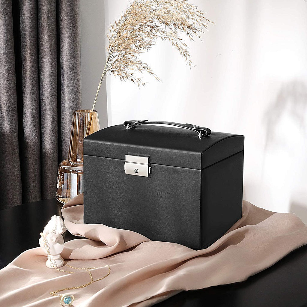 Lockable Jewellery Box Case with 2 Drawers and Mirror Black