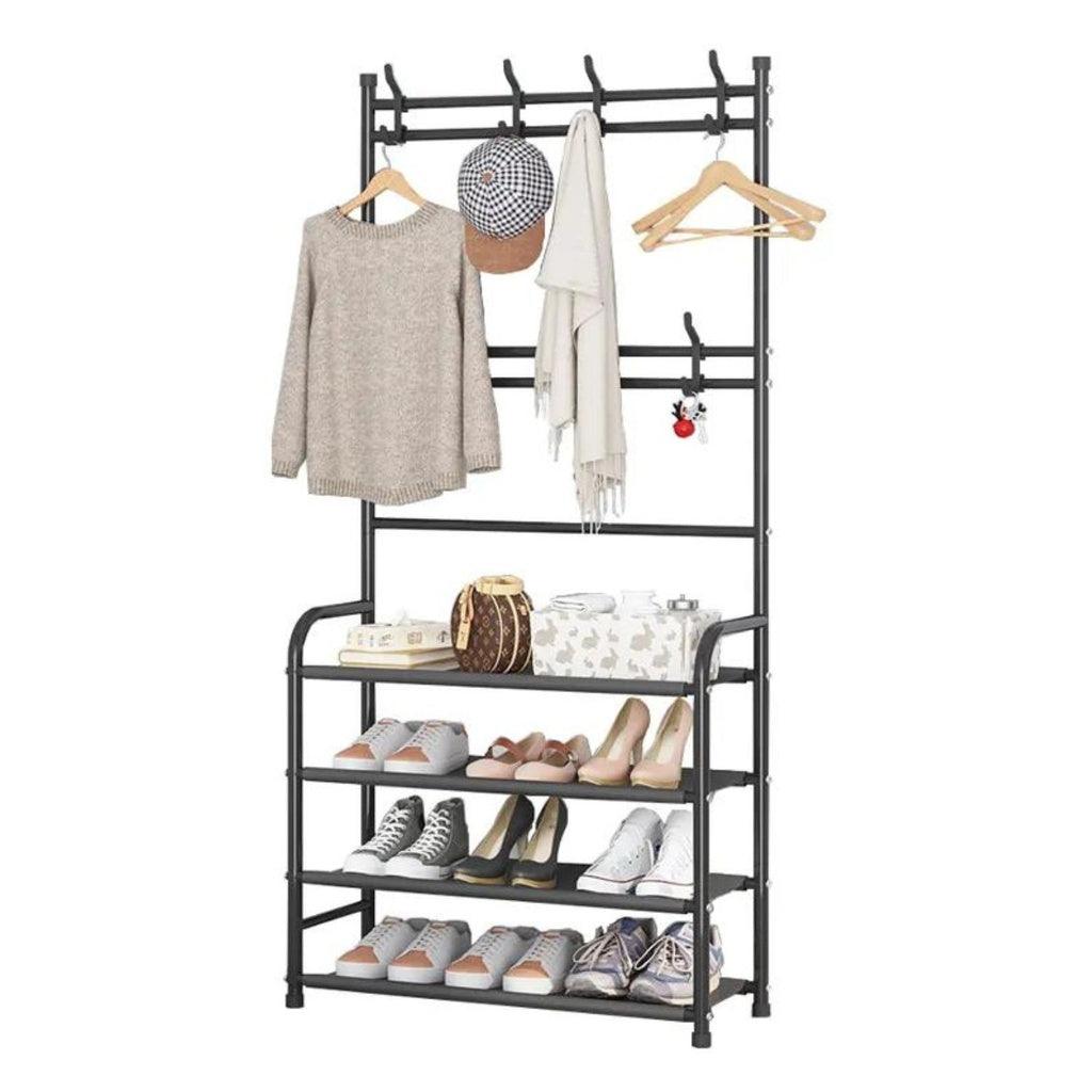 Clothes Rack with Shoe Rack Shelves (Black)