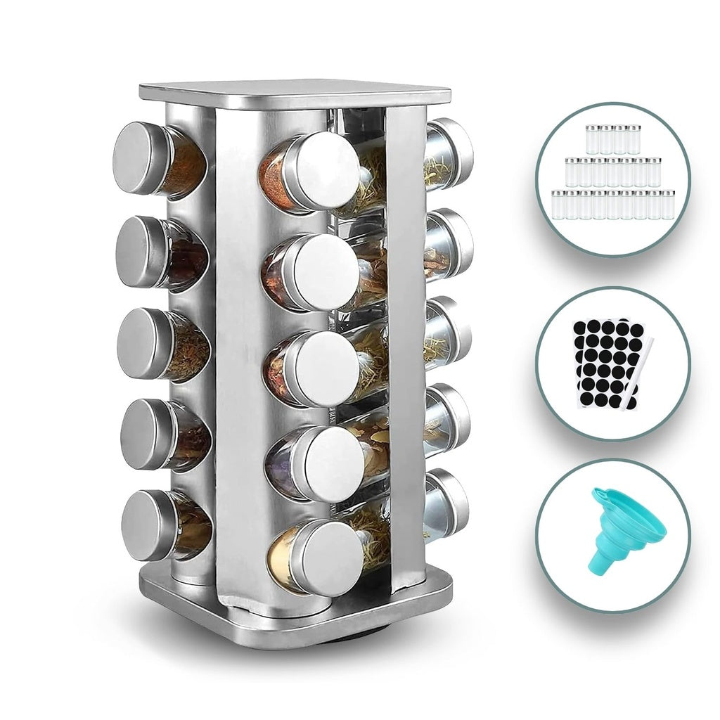 Quadrate Rotating Spice Rack Organizer (20 Jars) with Label Sticker and Silicone Funnel