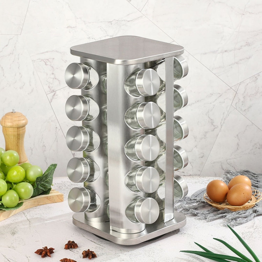 Quadrate Rotating Spice Rack Organizer (20 Jars) with Label Sticker and Silicone Funnel